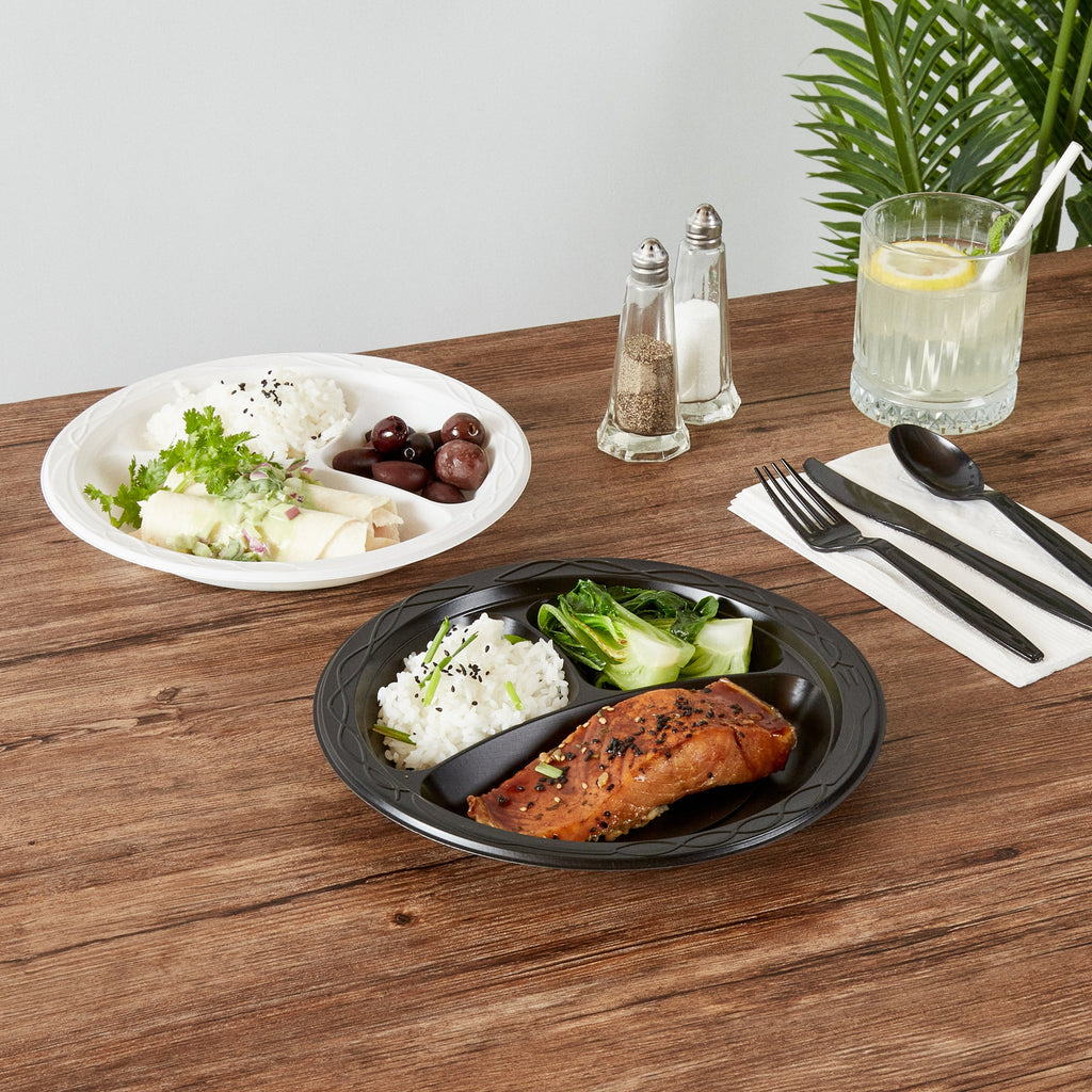 Chef 101 Round Black Plastic Plate - 3 Compartments, Microwavable - 9" x 9" x 3/4" - 100 count box