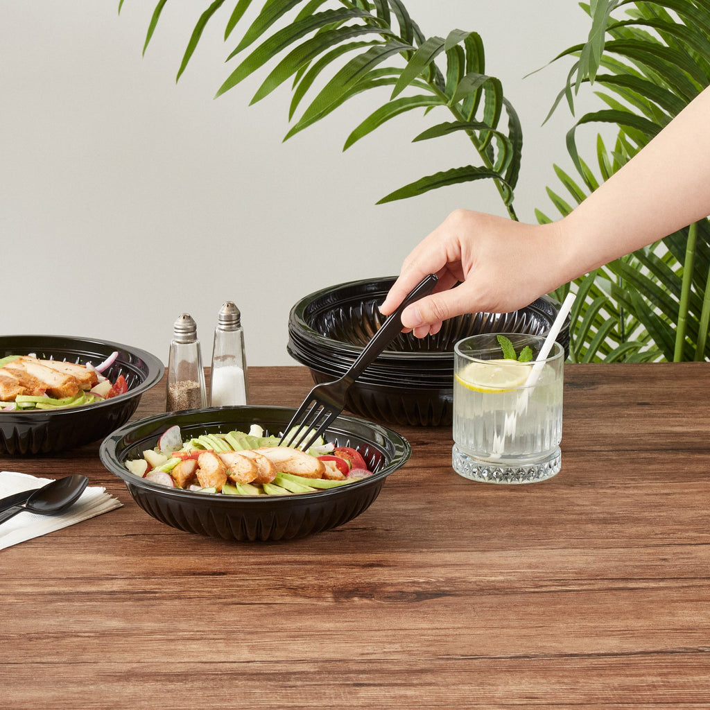 Chef 101 34 oz Round Black Plastic Bowl - Microwavable - 9" x 9" x 2" - 100 count box
