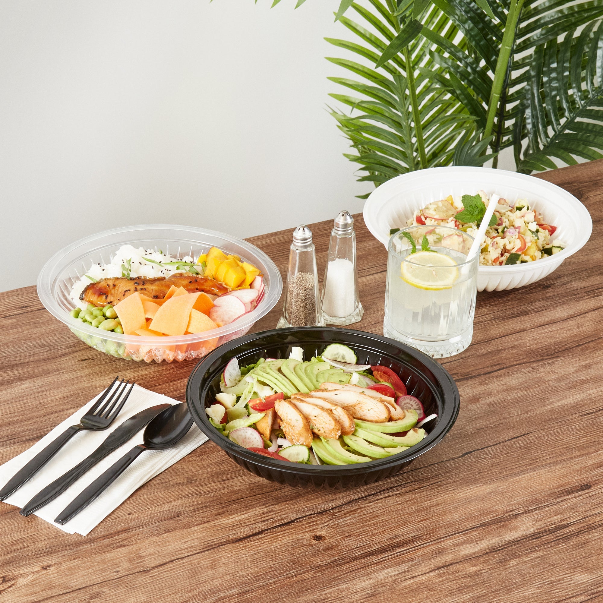 Chef 101 34 oz Round Black Plastic Bowl - Microwavable - 9" x 9" x 2" - 100 count box