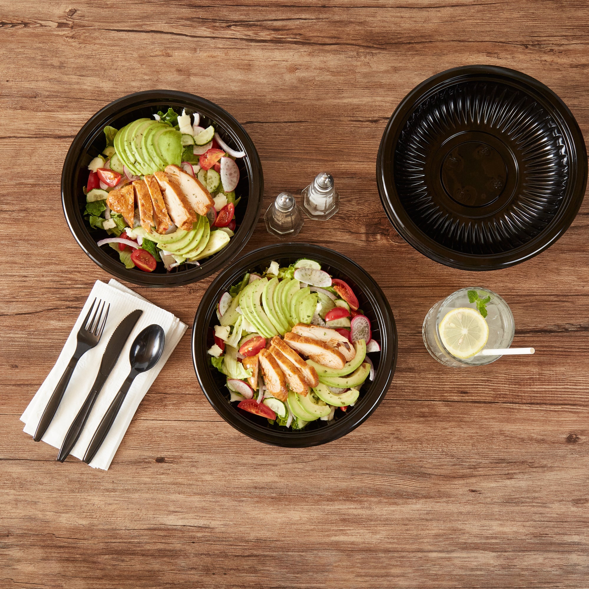 Chef 101 34 oz Round Black Plastic Bowl - Microwavable - 9" x 9" x 2" - 100 count box