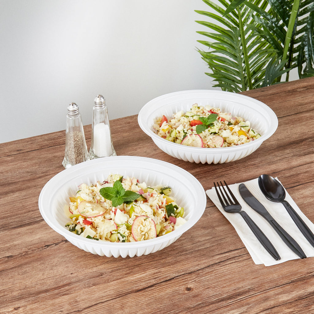 Chef 101 34 oz Round White Plastic Bowl - Microwavable - 9" x 9" x 2" - 100 count box