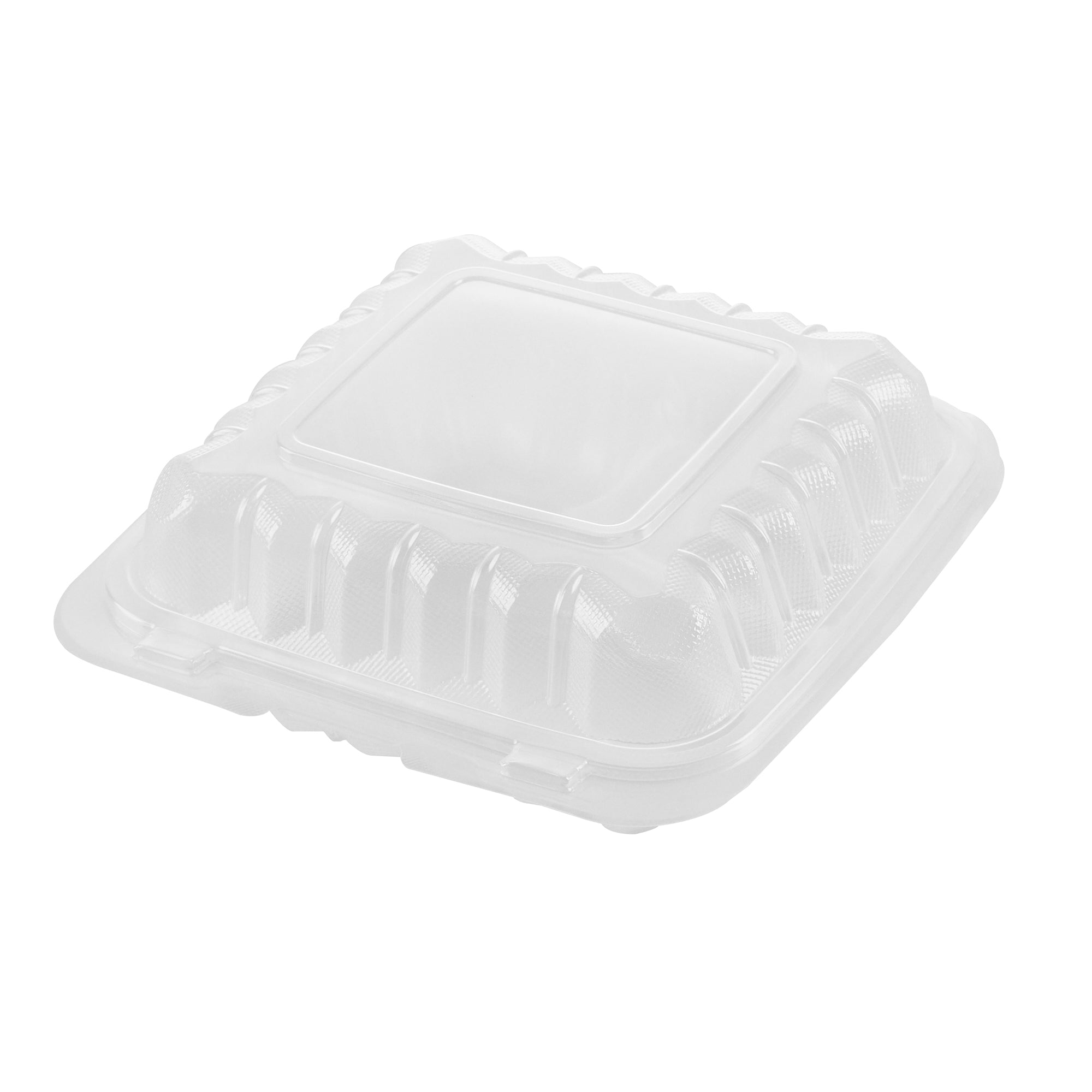 Chef 101 30 oz Square Clear Plastic Clamshell Container - 3 Compartments, Microwavable - 7 1/2" x 7 1/2" x 2 3/4" - 50 count box