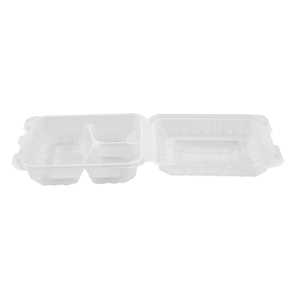 Chef 101 40 oz Square Clear Plastic Clamshell Container - 3 Compartments, Microwavable - 9" x 9" x 3" - 100 count box