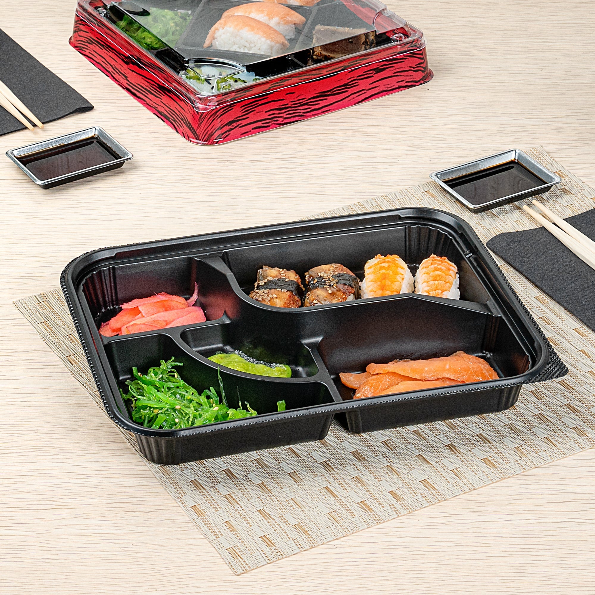 Bento Tek 26 oz Rectangle Black Plastic Bento Box - 5 Compartments - 10 1/2" x 8" x 1 3/4" - 100 count box