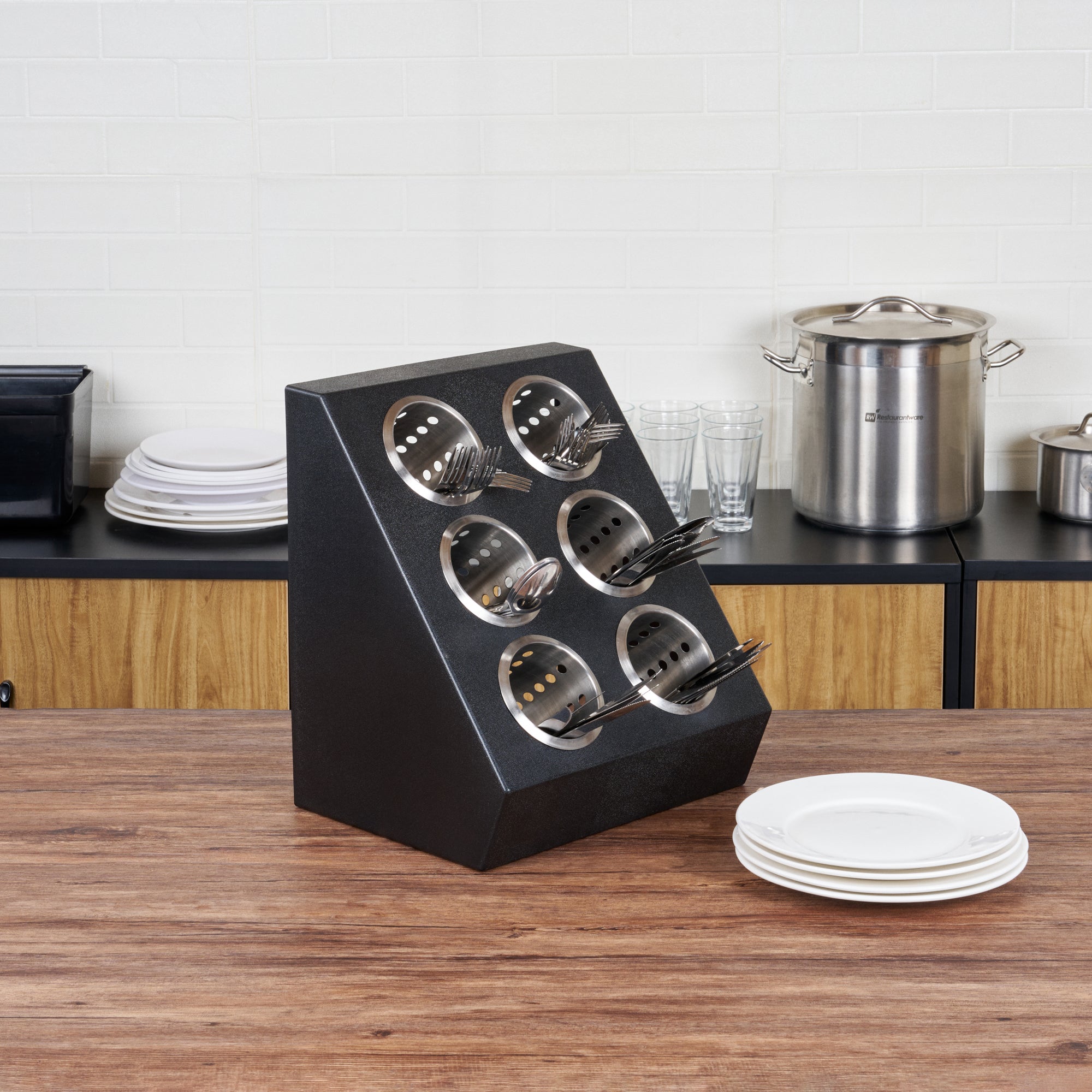 Met Lux Black Plastic Flatware Organizer - 6 Holes, Stainless Steel Cylinders - 1 count box