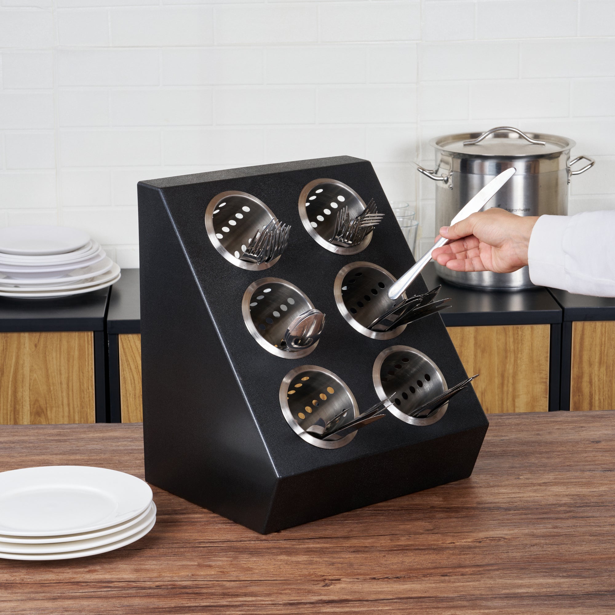 Met Lux Black Plastic Flatware Organizer - 6 Holes, Stainless Steel Cylinders - 1 count box