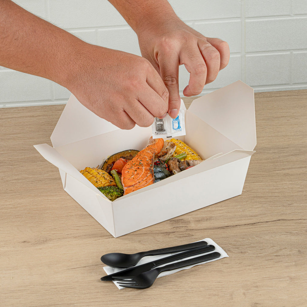 Basic Nature Black PLA Plastic Cutlery Set - with Napkin and Salt / Pepper Packets, Wrapped, Compostable - 6 1/4" - 500 count box