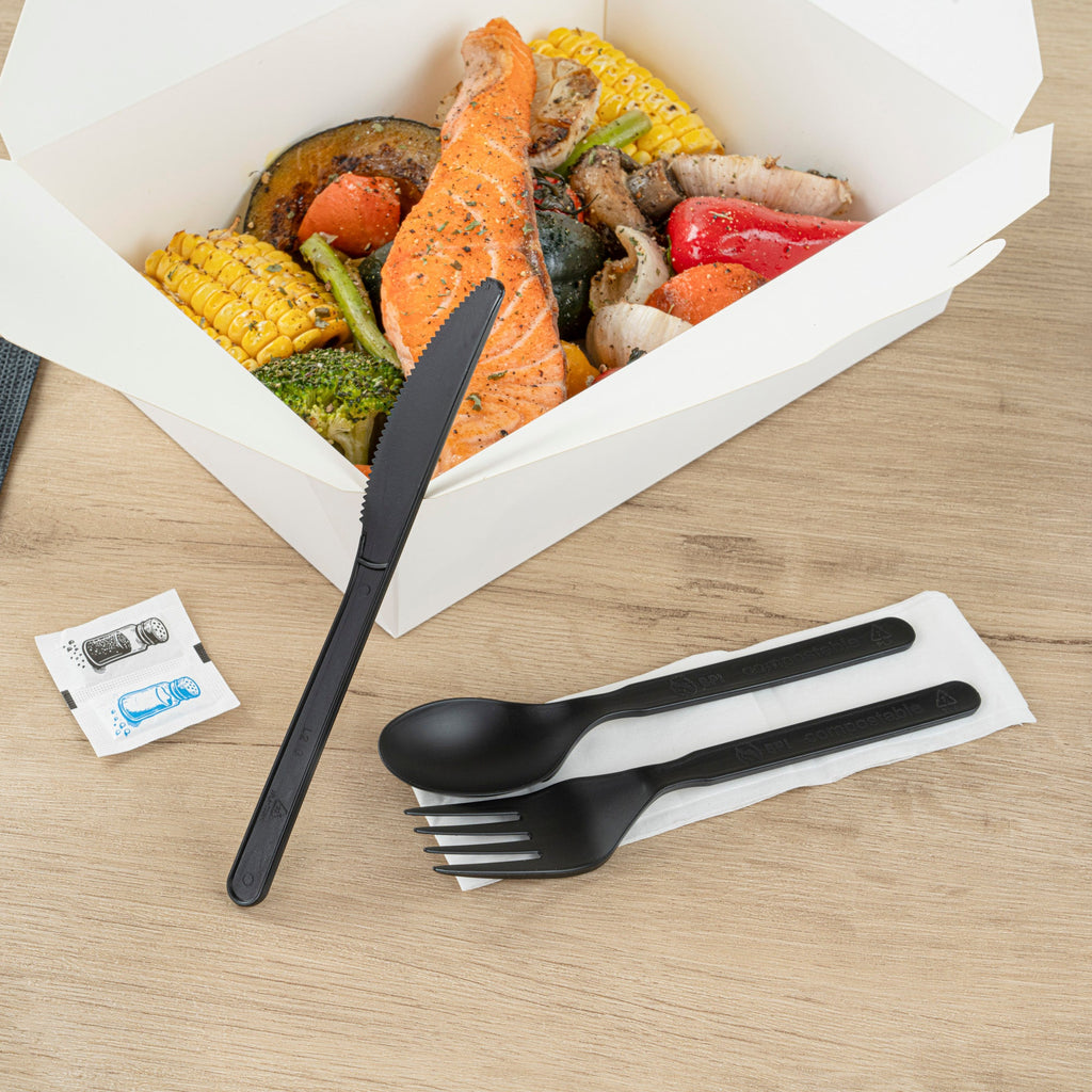 Basic Nature Black PLA Plastic Cutlery Set - with Napkin and Salt / Pepper Packets, Wrapped, Compostable - 6 1/4" - 500 count box