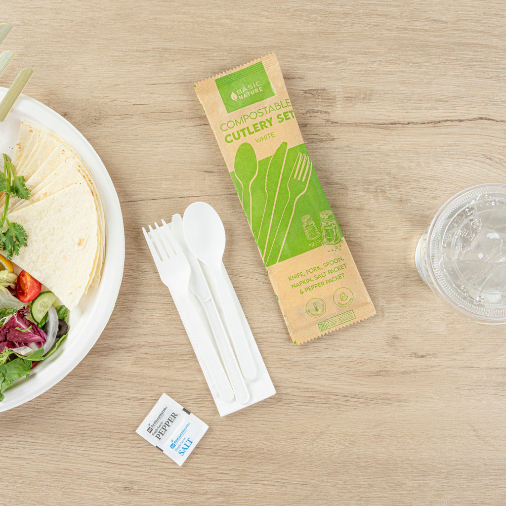 Basic Nature White PLA Plastic Cutlery Set - with Napkin and Salt / Pepper Packets, Wrapped, Compostable - 6 1/4" - 500 count box