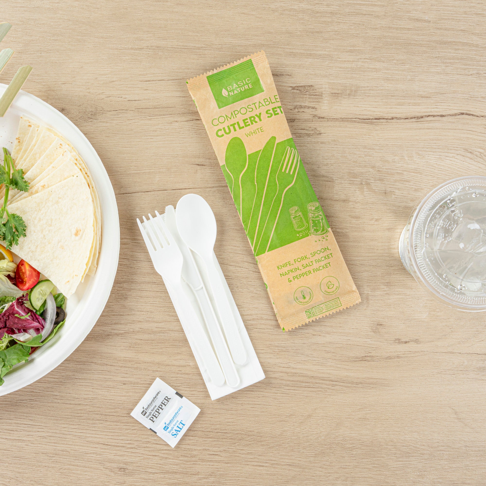 Basic Nature White PLA Plastic Cutlery Set - with Napkin and Salt / Pepper Packets, Wrapped, Compostable - 6 1/4" - 500 count box