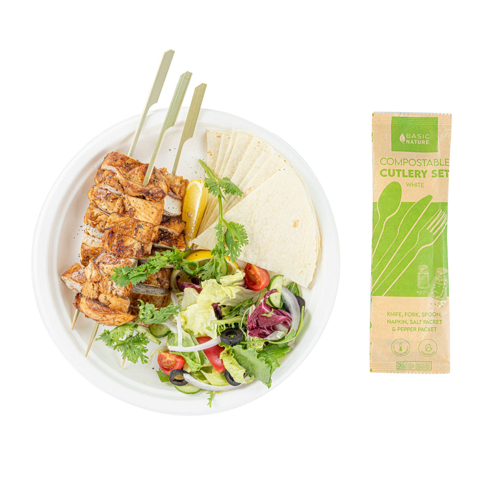 Basic Nature White PLA Plastic Cutlery Set - with Napkin and Salt / Pepper Packets, Wrapped, Compostable - 6 1/4" - 500 count box