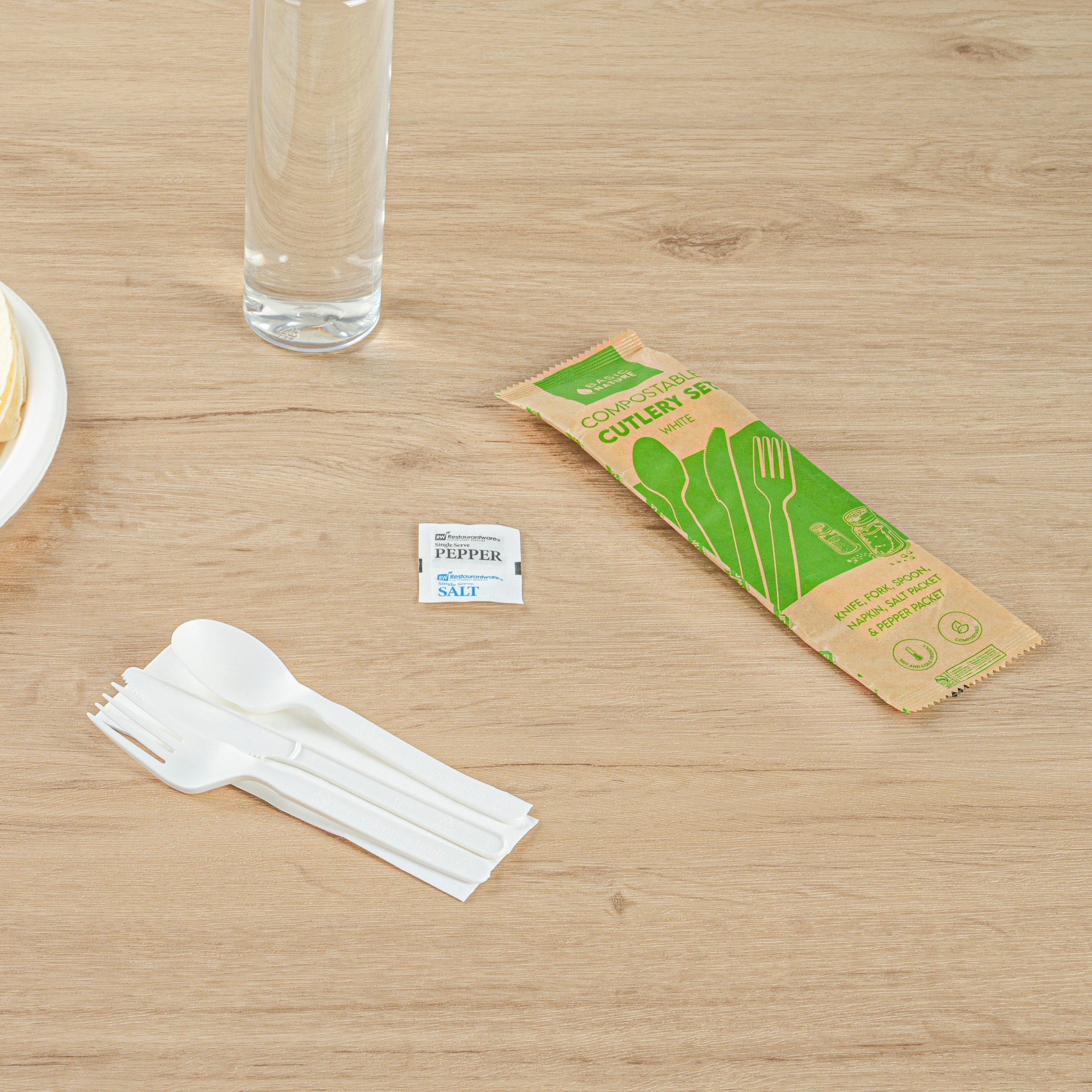 Basic Nature White PLA Plastic Cutlery Set - with Napkin and Salt / Pepper Packets, Wrapped, Compostable - 6 1/4" - 500 count box