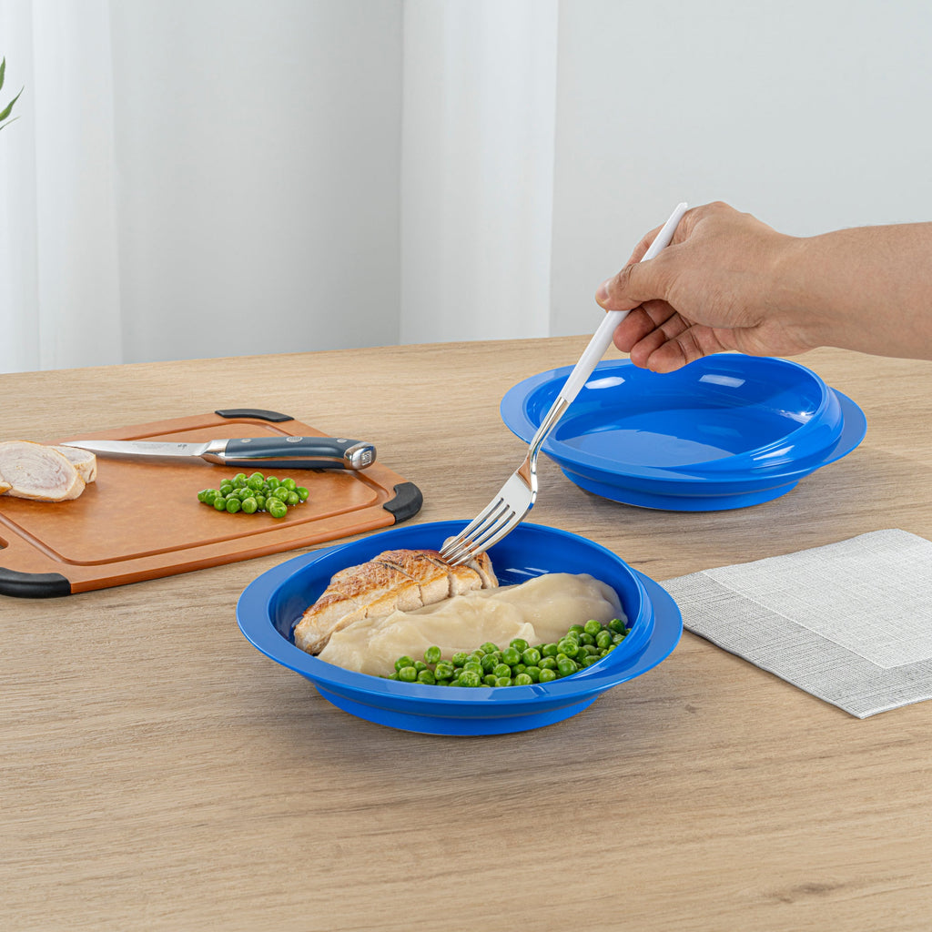Adapt Tek Round Blue Plastic Scoop Plate - Spillproof, with Suction Base - 9" x 9" x 2 1/4" - 20 count box