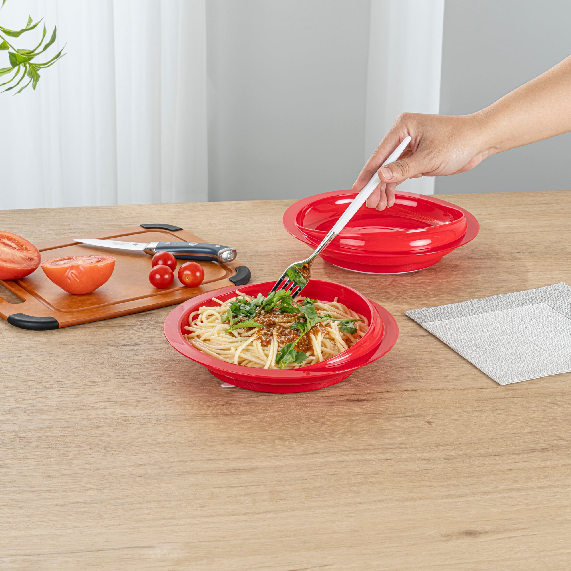Adapt Tek Round Red Plastic Scoop Plate - Spillproof, with Suction Base - 9" x 9" x 2 1/4" - 1 count box