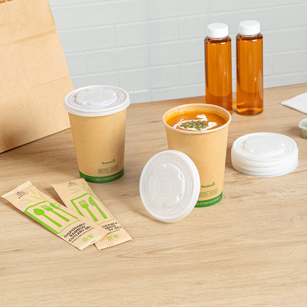 Sustain Round White PLA Plastic Lid - Compostable, Fits 12, 16, 24 & 32 oz Soup Container - 200 count box