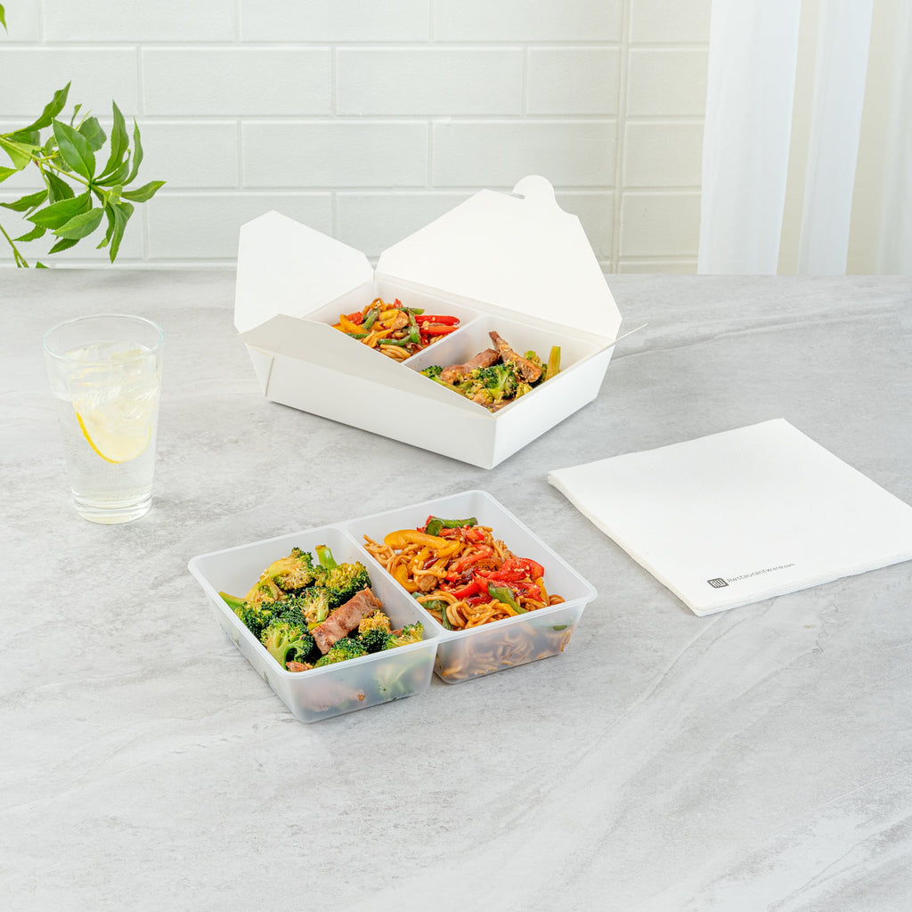 Bio Tek 43 oz White Plastic 2-Compartment Insert Tray - Fits 49 / 71 / 98 Bio Box Take Out Container, Microwave-Safe - 200 count box