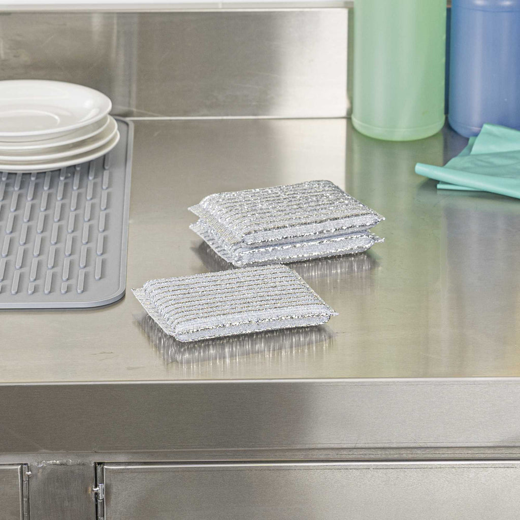 Clean Tek Professional Multi-Purpose Silver Scrub Sponge - Striped Texture, Non-Scratch - 5" x 3 1/4" x 1/2" - 3 count box