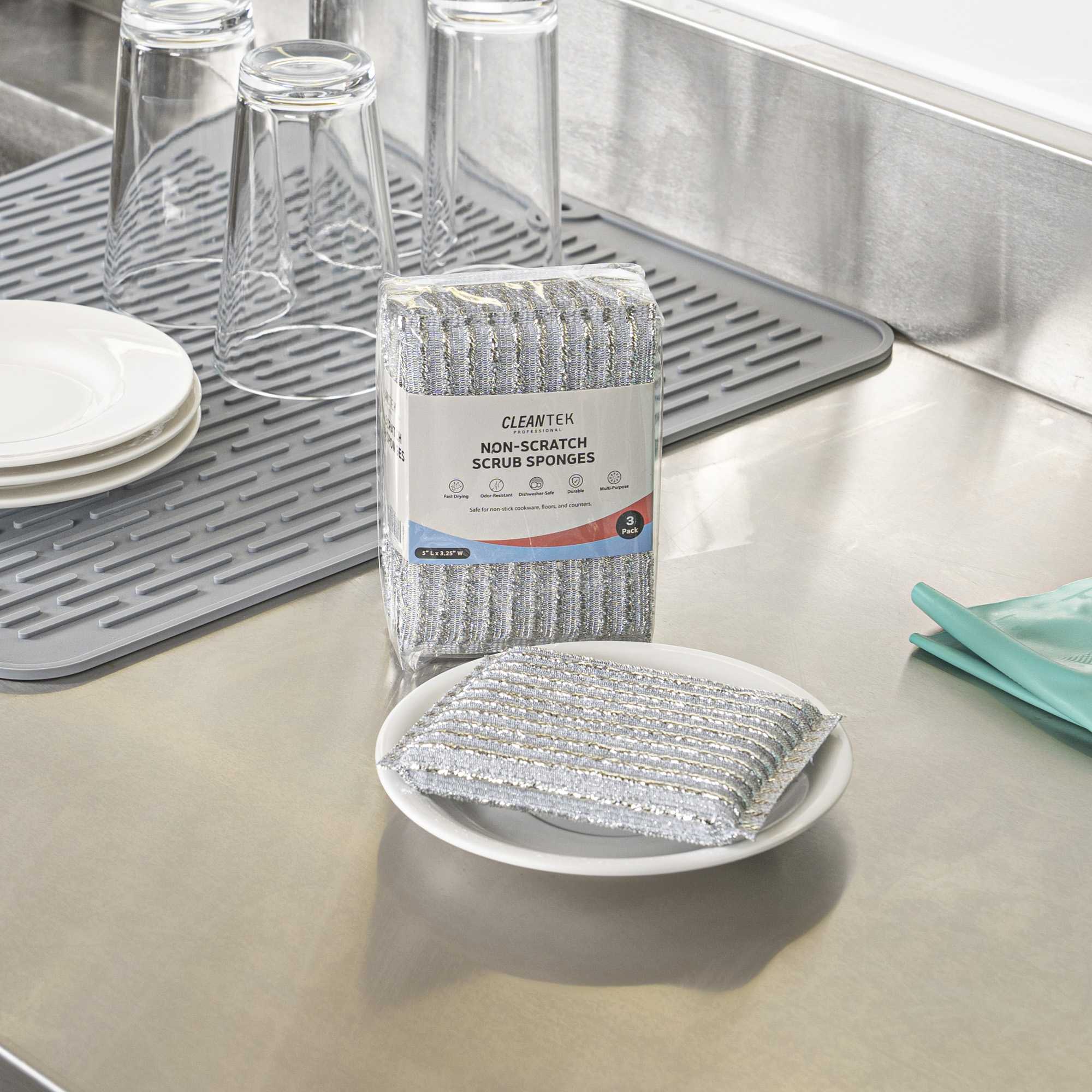 Clean Tek Professional Multi-Purpose Silver Scrub Sponge - Striped Texture, Non-Scratch - 5" x 3 1/4" x 1/2" - 60 count box