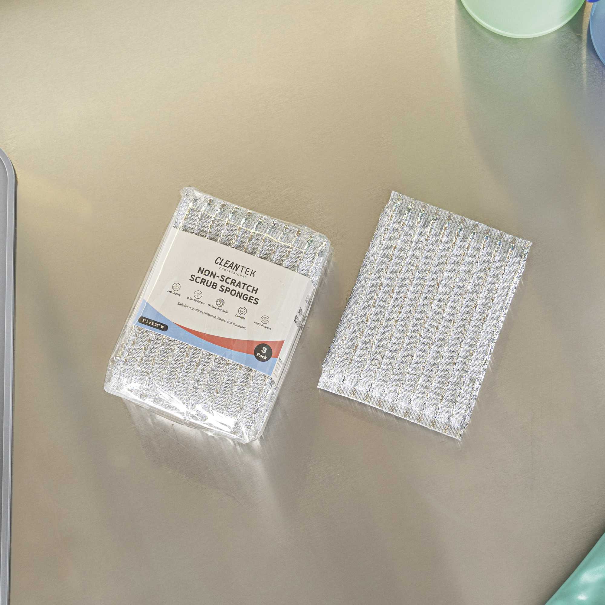 Clean Tek Professional Multi-Purpose Silver Scrub Sponge - Striped Texture, Non-Scratch - 5" x 3 1/4" x 1/2" - 60 count box