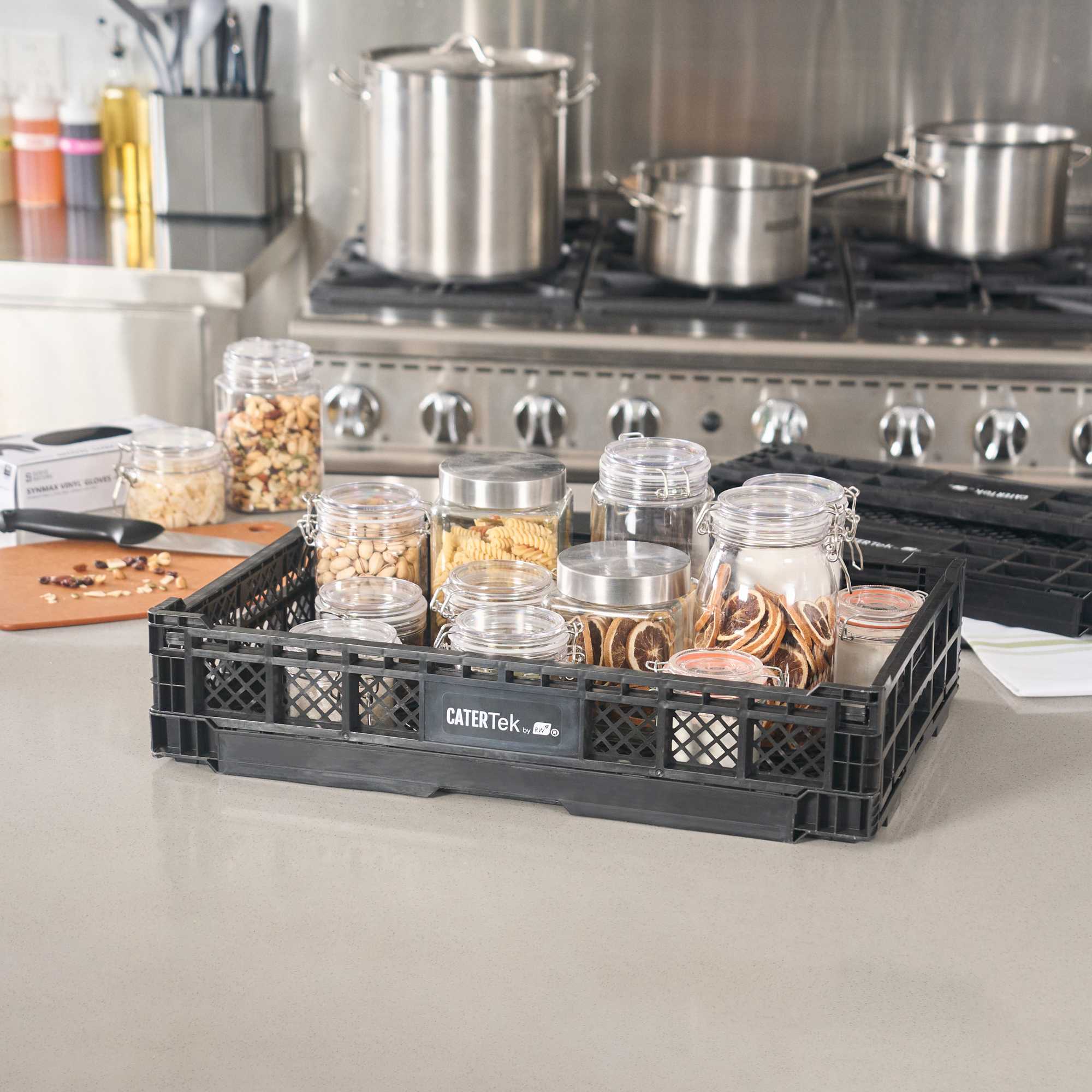 Cater Tek Rectangle Black Plastic Collapsible Crate - Vented, Stackable - 23 3/4" x 15 3/4" x 4 3/4" - 1 count box
