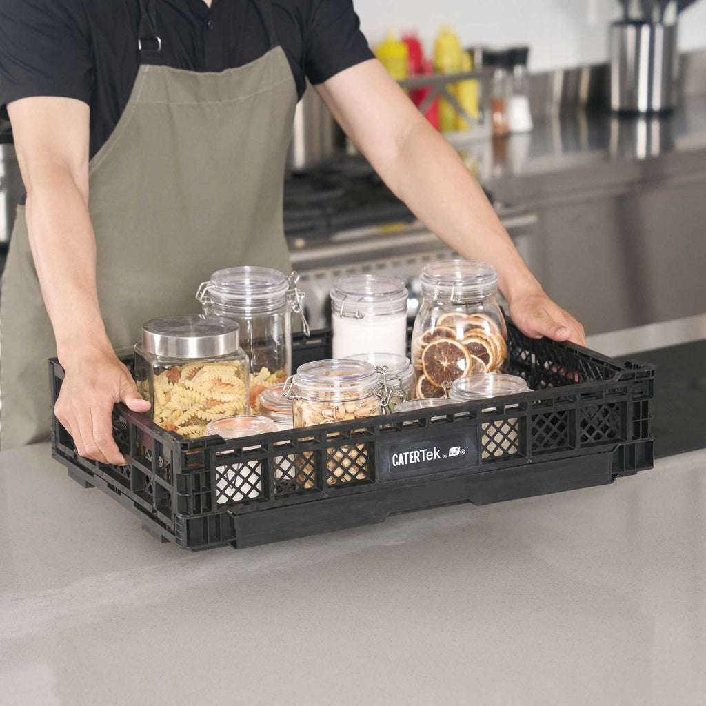 Cater Tek Rectangle Black Plastic Collapsible Crate - Vented, Stackable - 23 3/4" x 15 3/4" x 4 3/4" - 1 count box