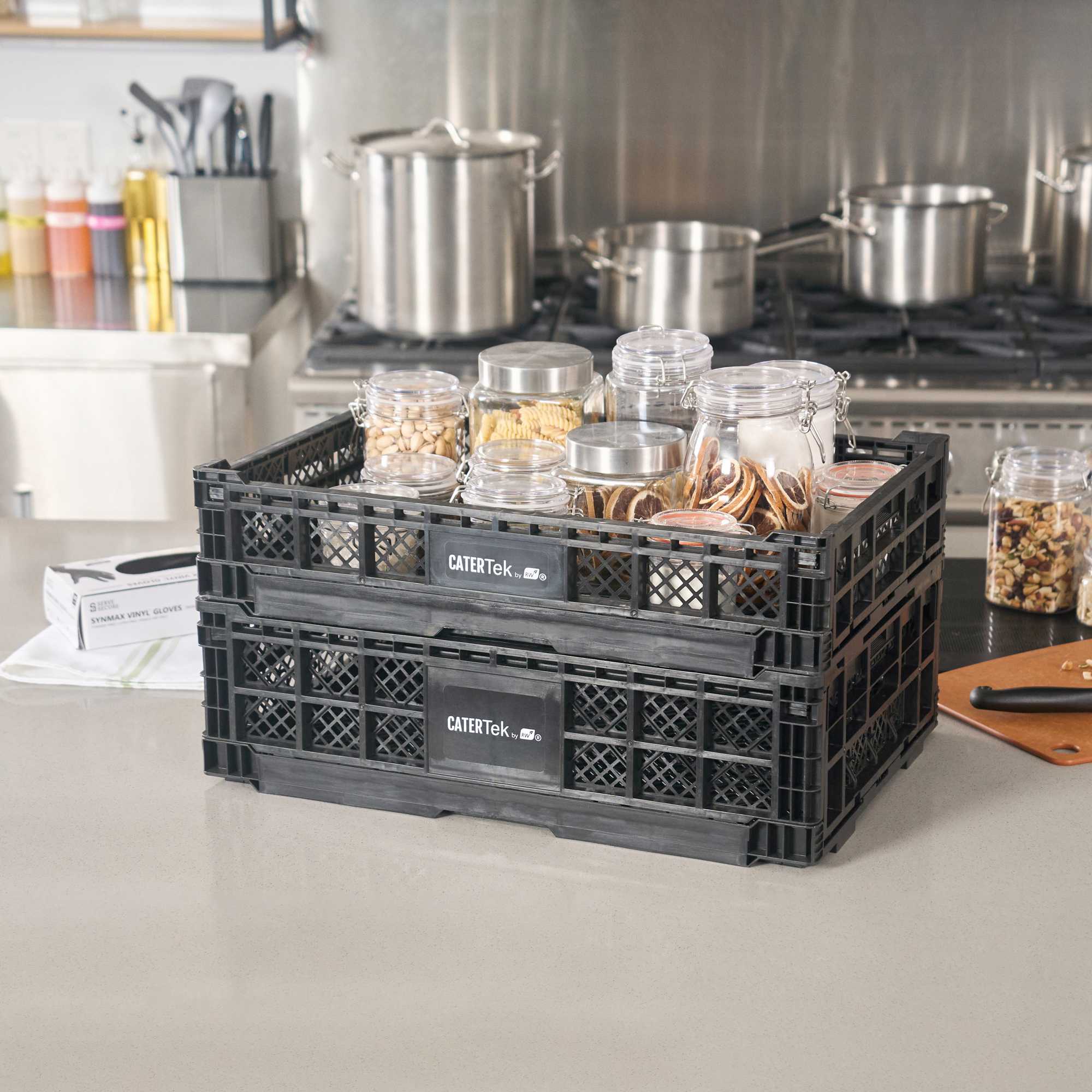 Cater Tek Rectangle Black Plastic Collapsible Crate - Vented, Stackable - 23 3/4" x 15 3/4" x 4 3/4" - 1 count box