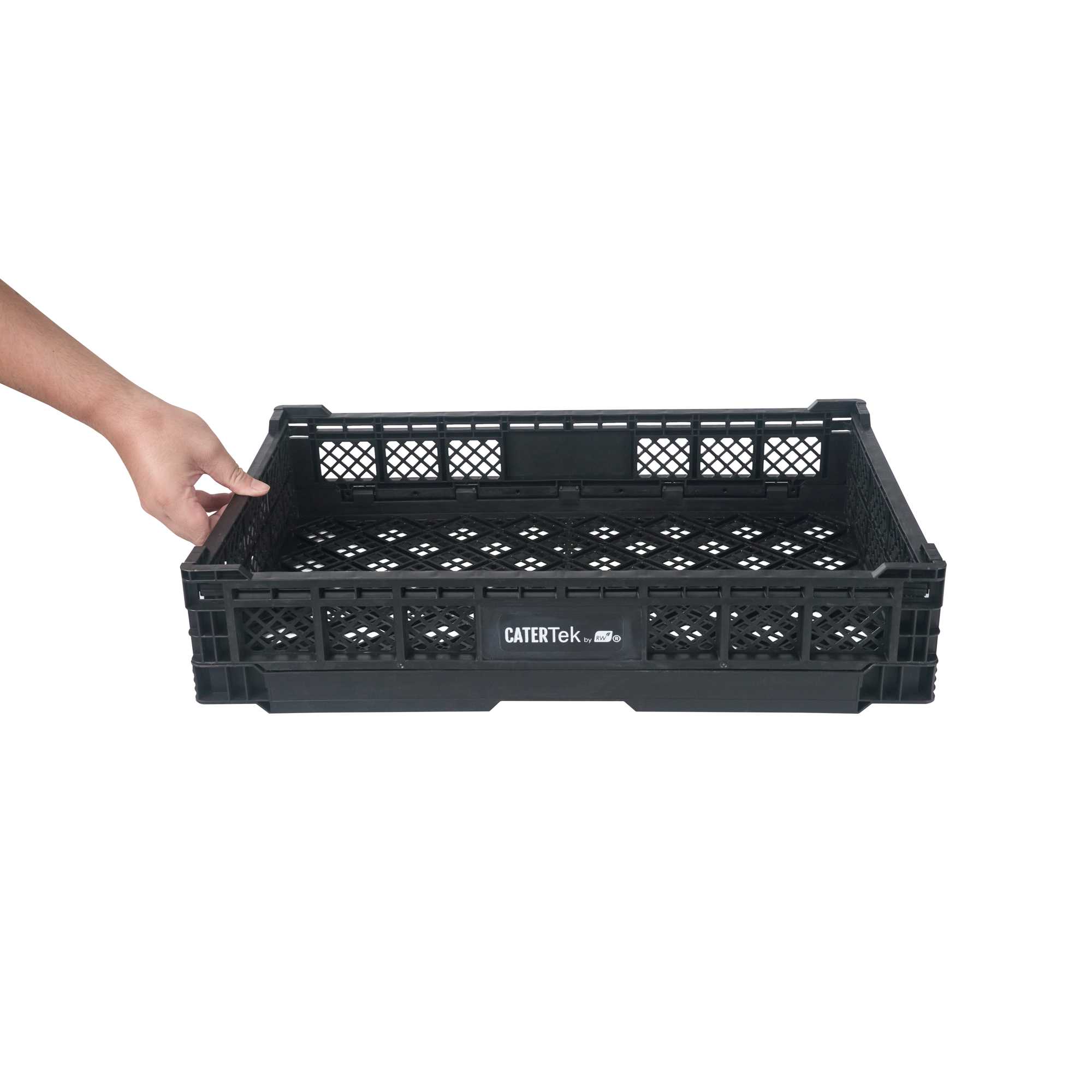 Cater Tek Rectangle Black Plastic Collapsible Crate - Vented, Stackable - 23 3/4" x 15 3/4" x 4 3/4" - 10 count box