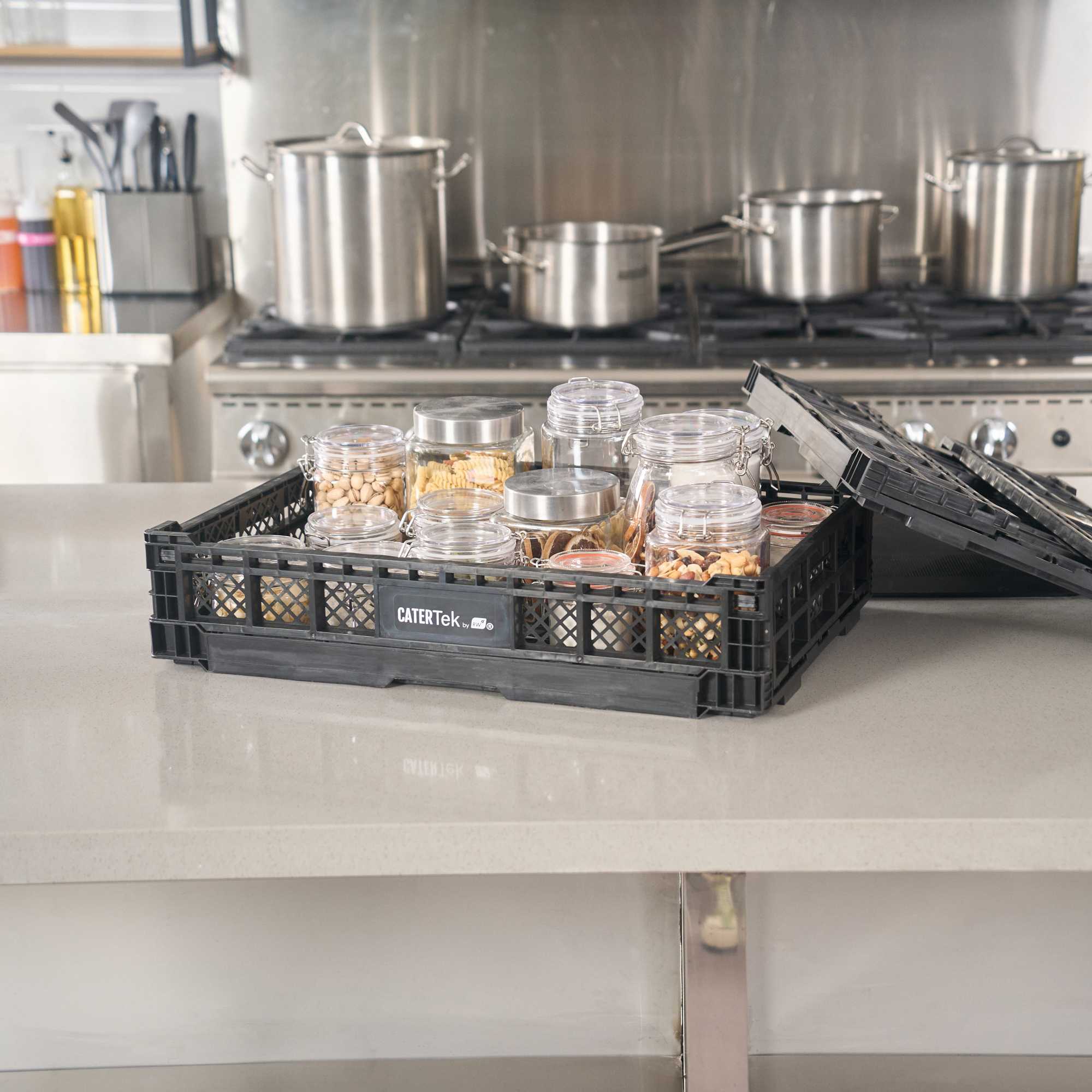 Cater Tek Rectangle Black Plastic Collapsible Crate - Vented, Stackable - 23 3/4" x 15 3/4" x 4 3/4" - 10 count box