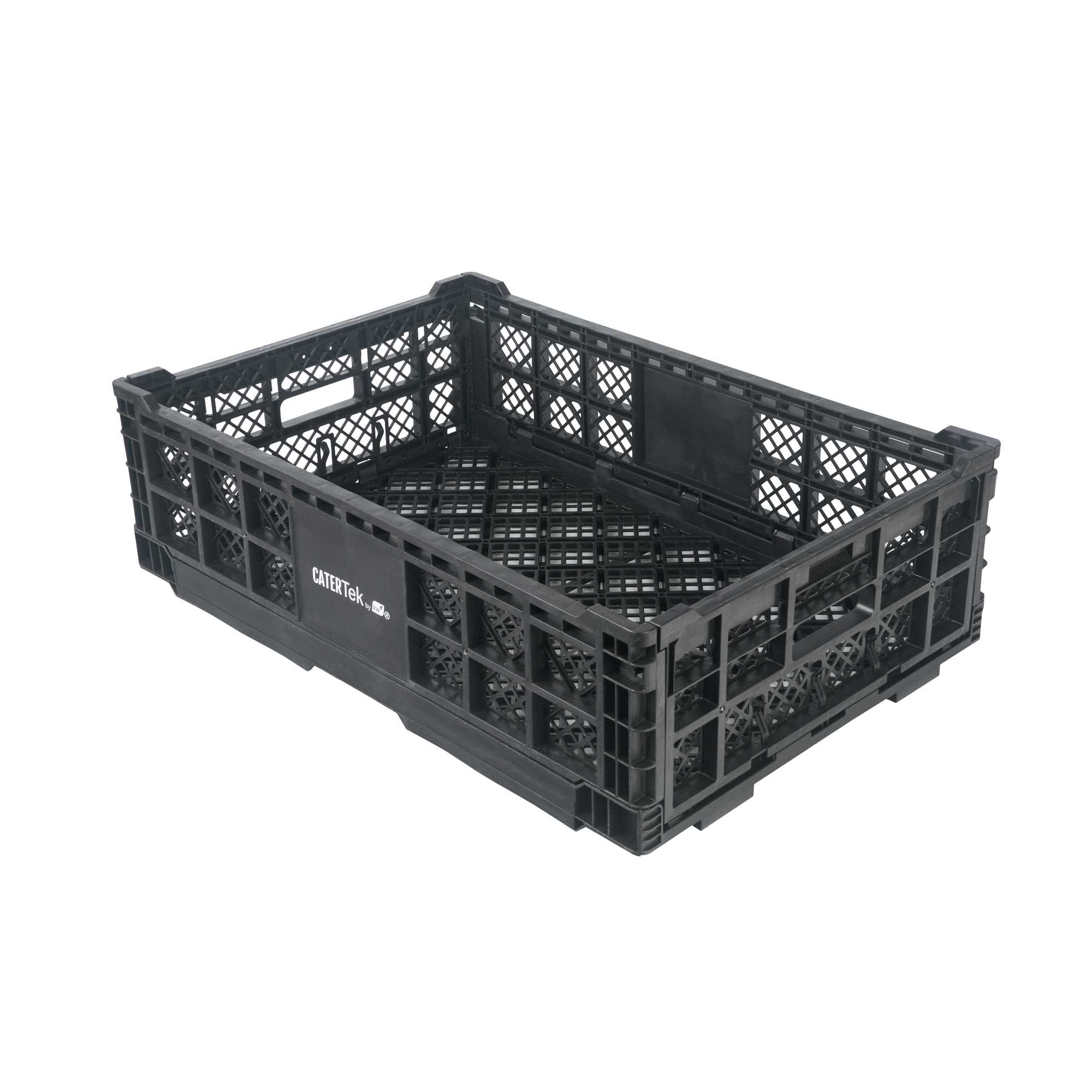 Cater Tek Rectangle Black Plastic Collapsible Crate - Vented, Stackable - 23 3/4" x 15 3/4" x 6 3/4" - 1 count box