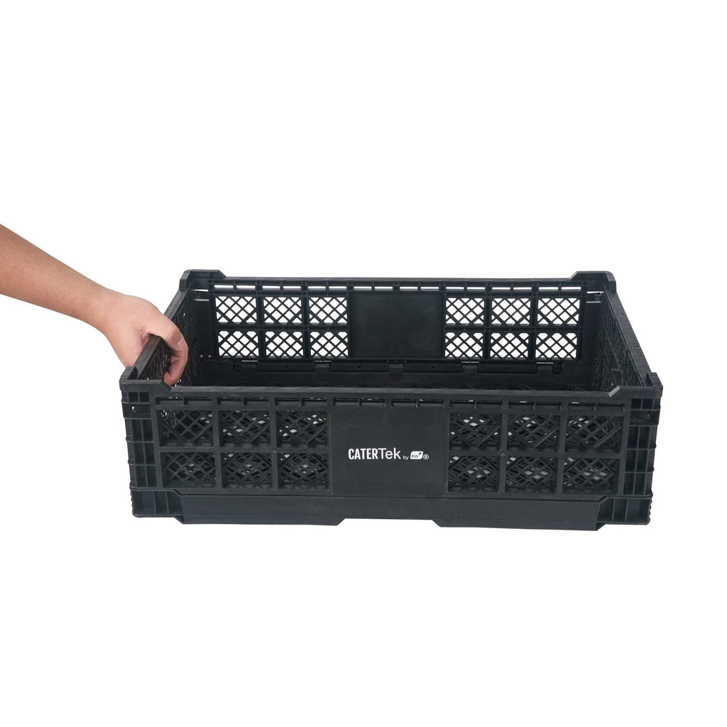 Cater Tek Rectangle Black Plastic Collapsible Crate - Vented, Stackable - 23 3/4" x 15 3/4" x 6 3/4" - 10 count box