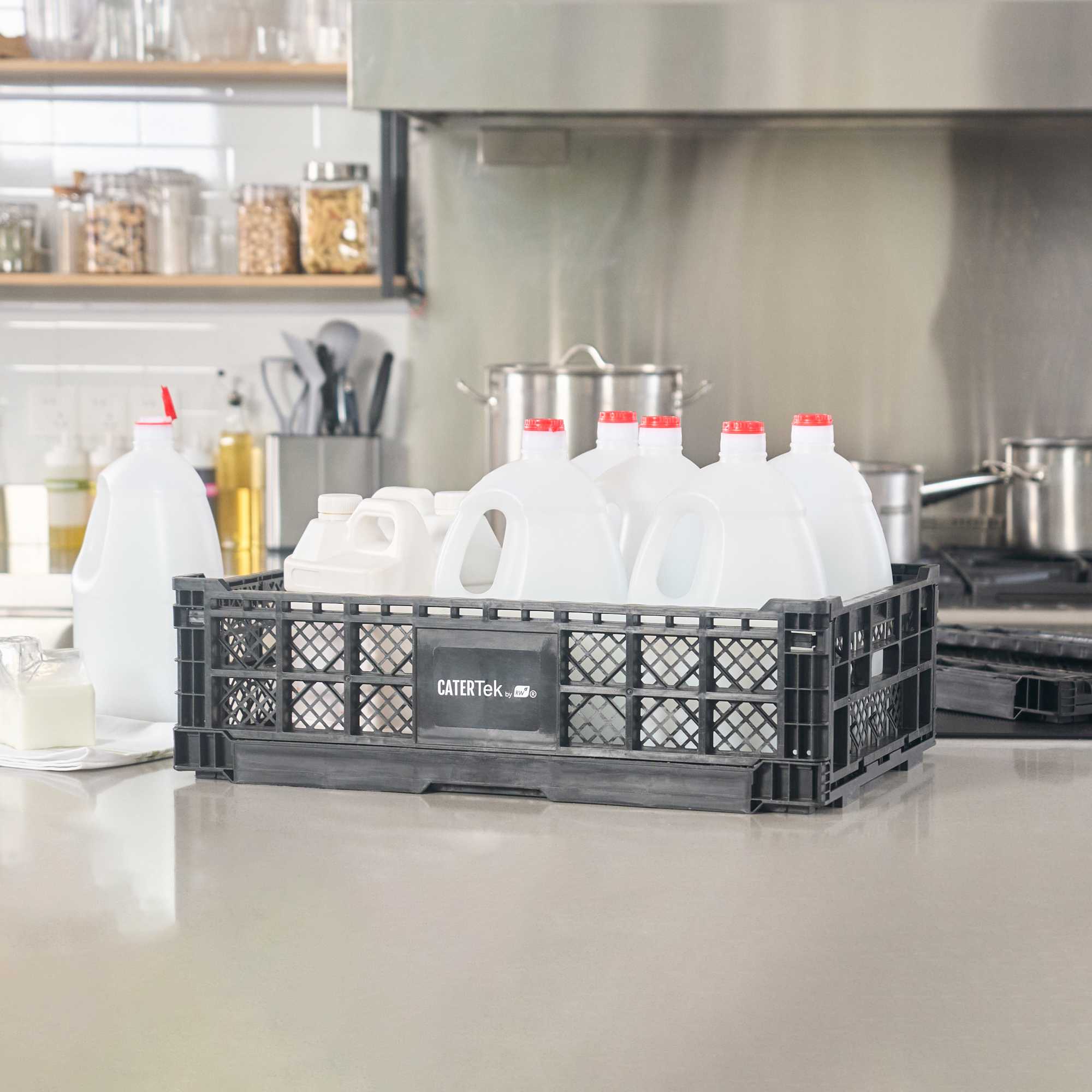 Cater Tek Rectangle Black Plastic Collapsible Crate - Vented, Stackable - 23 3/4" x 15 3/4" x 6 3/4" - 10 count box