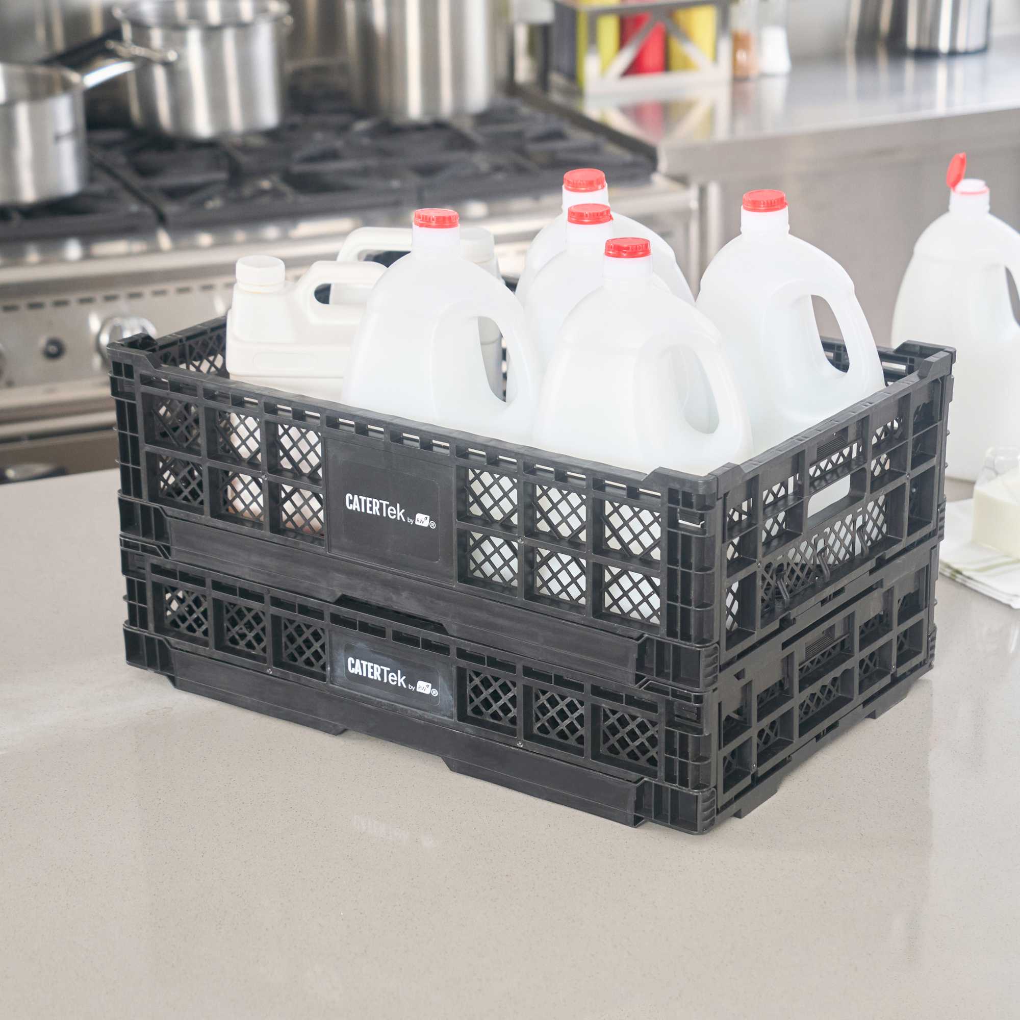 Cater Tek Rectangle Black Plastic Collapsible Crate - Vented, Stackable - 23 3/4" x 15 3/4" x 6 3/4" - 10 count box