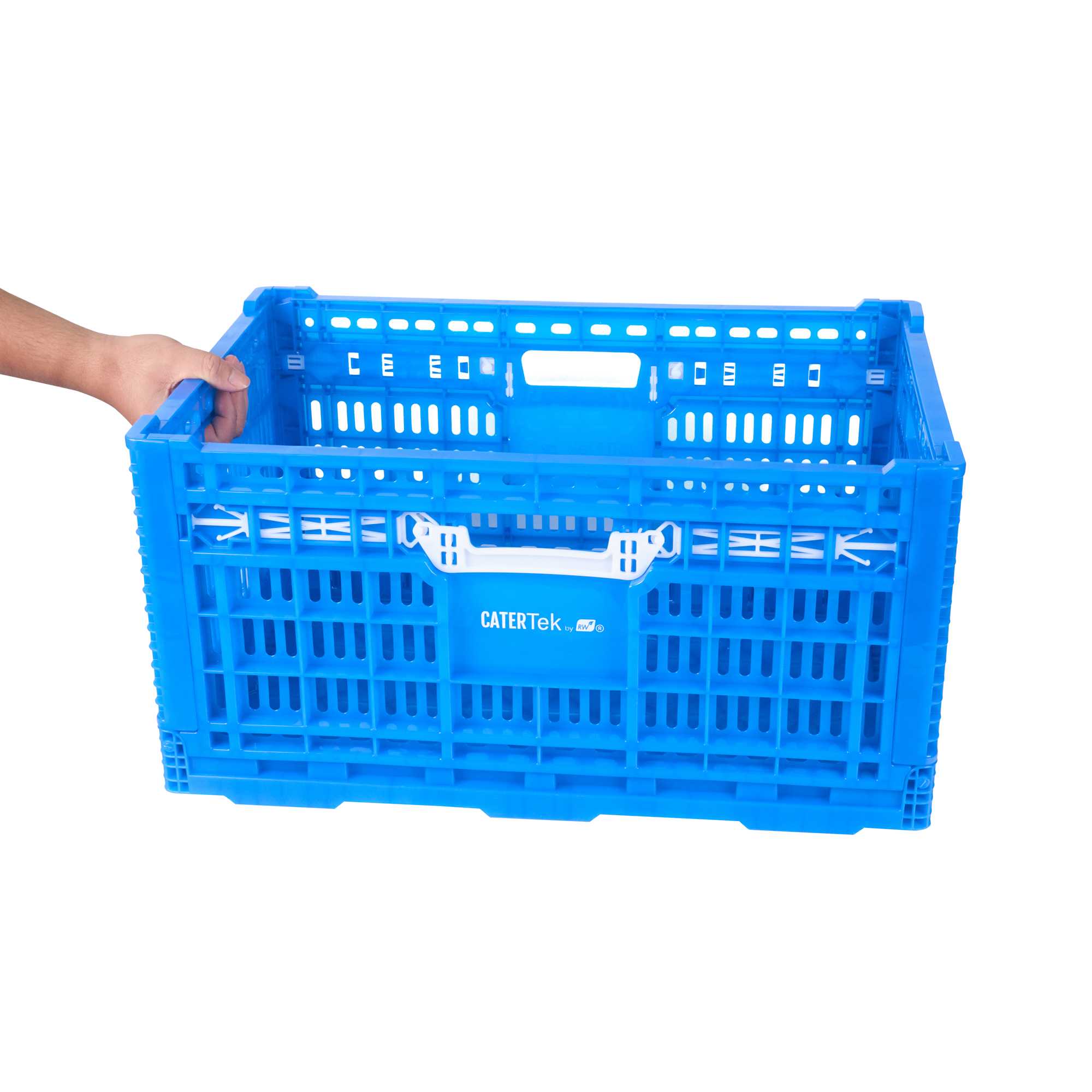 Cater Tek Rectangle Blue Plastic Collapsible Crate - Vented, Stackable - 23 3/4" x 15 3/4" x 11 3/4" - 1 count box