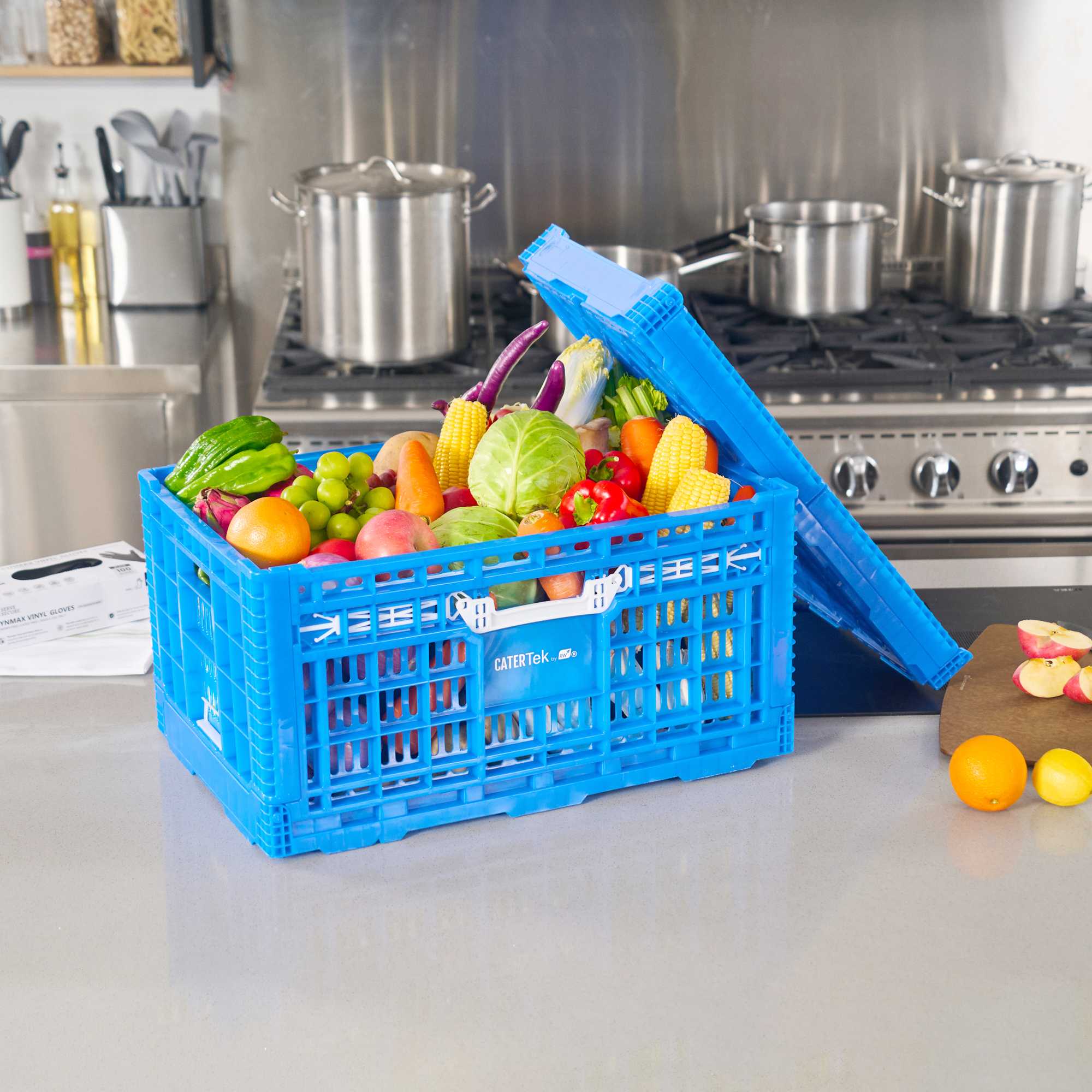 Cater Tek Rectangle Blue Plastic Collapsible Crate - Vented, Stackable - 23 3/4" x 15 3/4" x 11 3/4" - 1 count box