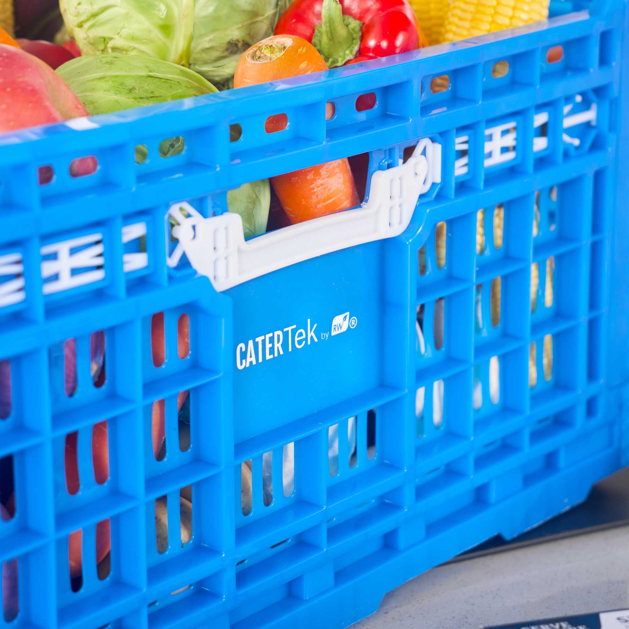 Cater Tek Rectangle Blue Plastic Collapsible Crate - Vented, Stackable - 23 3/4" x 15 3/4" x 11 3/4" - 1 count box