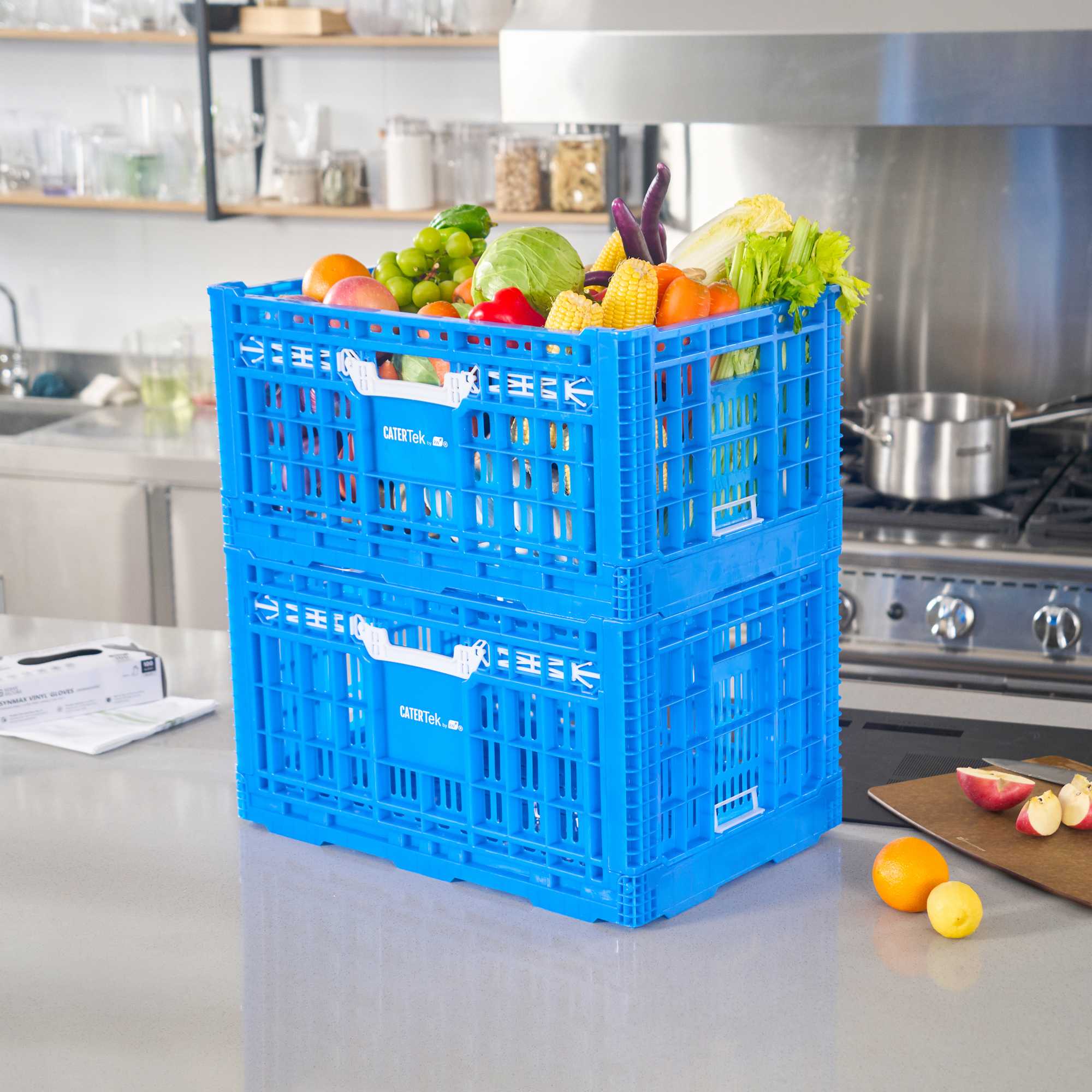 Cater Tek Rectangle Blue Plastic Collapsible Crate - Vented, Stackable - 23 3/4" x 15 3/4" x 11 3/4" - 1 count box