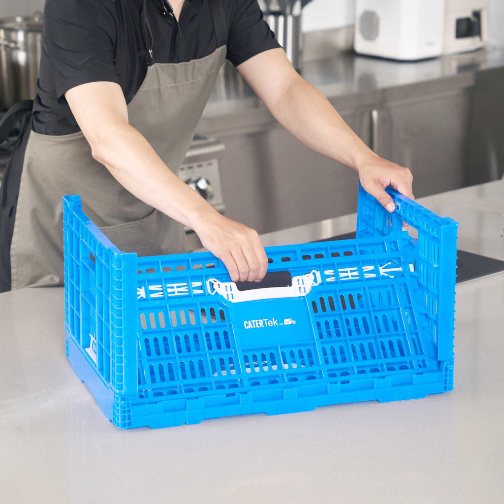 Cater Tek Rectangle Blue Plastic Collapsible Crate - Vented, Stackable - 23 3/4" x 15 3/4" x 11 3/4" - 1 count box