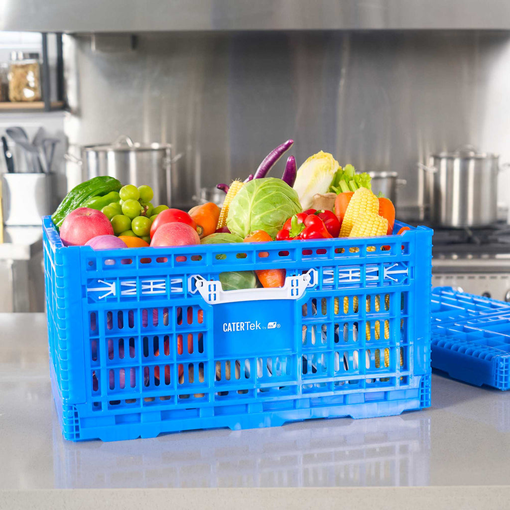 Cater Tek Rectangle Blue Plastic Collapsible Crate - Vented, Stackable - 23 3/4" x 15 3/4" x 11 3/4" - 10 count box