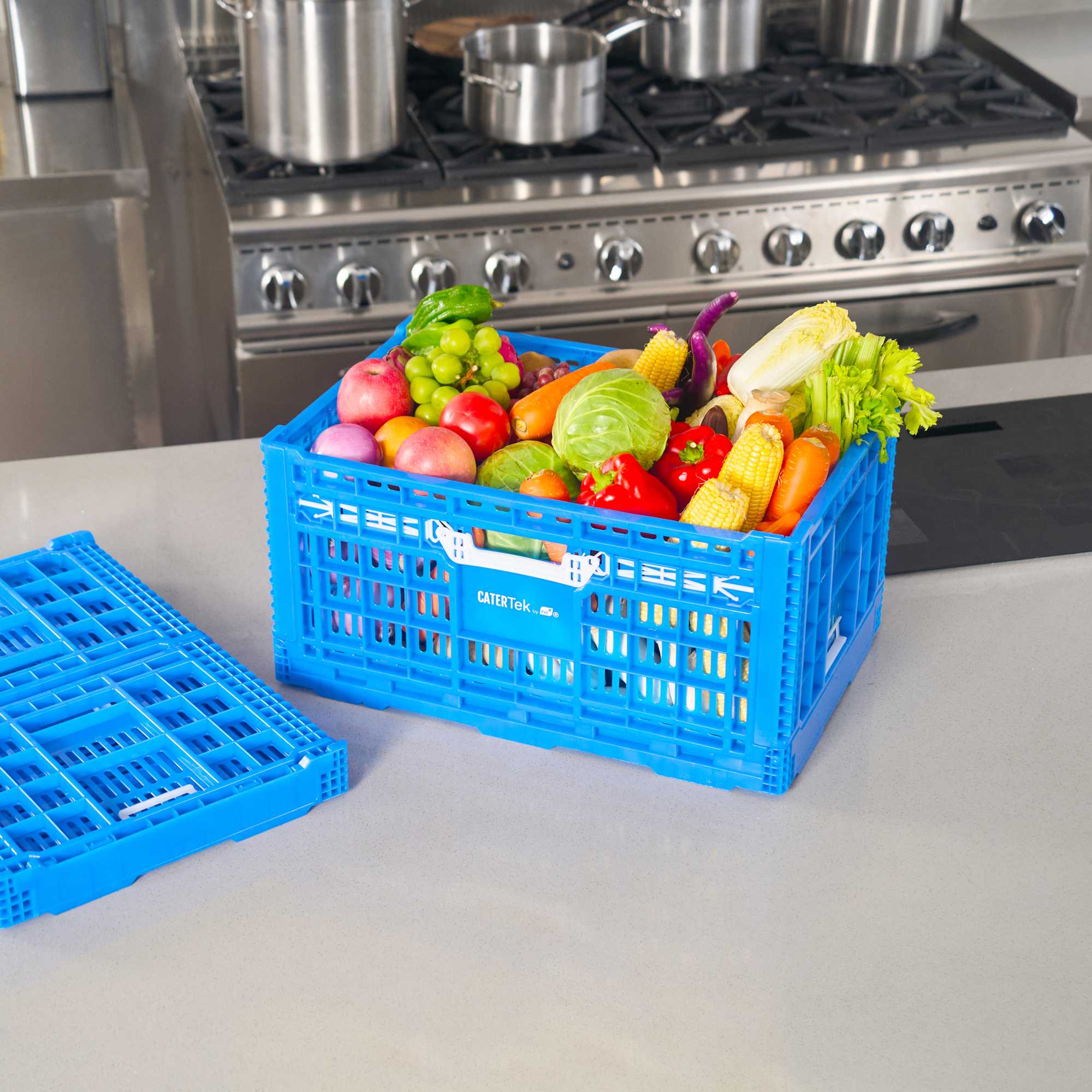 Cater Tek Rectangle Blue Plastic Collapsible Crate - Vented, Stackable - 23 3/4" x 15 3/4" x 11 3/4" - 10 count box
