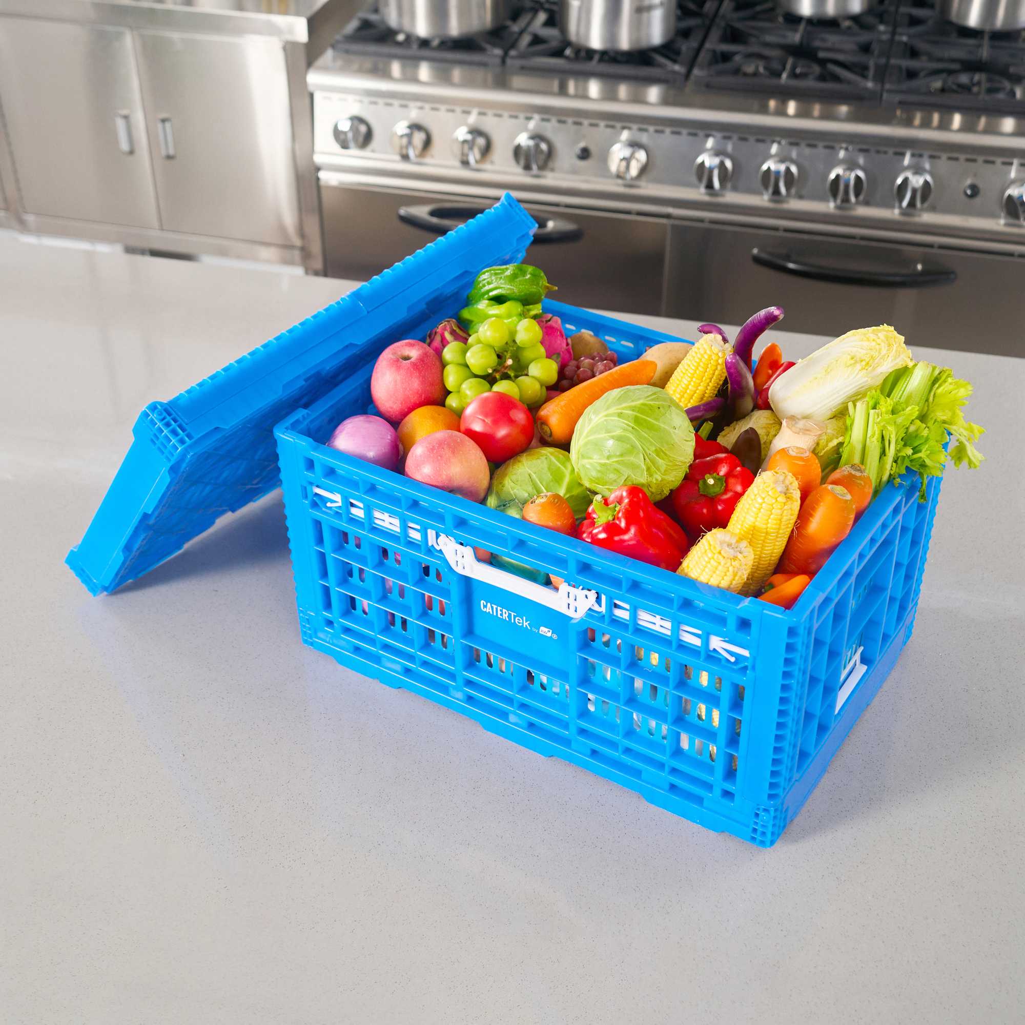 Cater Tek Rectangle Blue Plastic Collapsible Crate - Vented, Stackable - 23 3/4" x 15 3/4" x 11 3/4" - 10 count box