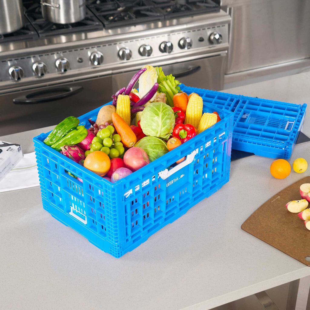 Cater Tek Rectangle Blue Plastic Collapsible Crate - Vented, Stackable - 23 3/4" x 15 3/4" x 11 3/4" - 10 count box
