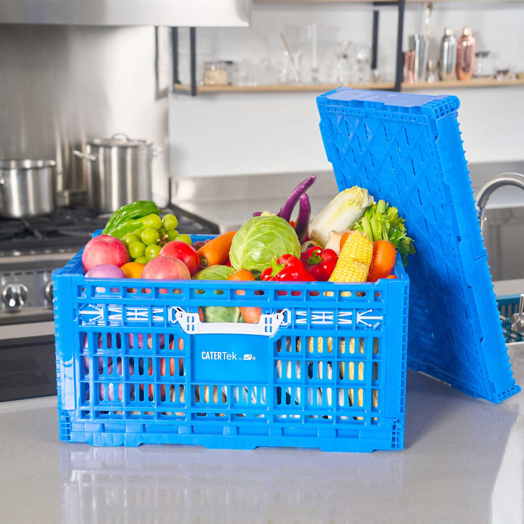 Cater Tek Rectangle Blue Plastic Collapsible Crate - Vented, Stackable - 23 3/4" x 15 3/4" x 11 3/4" - 10 count box