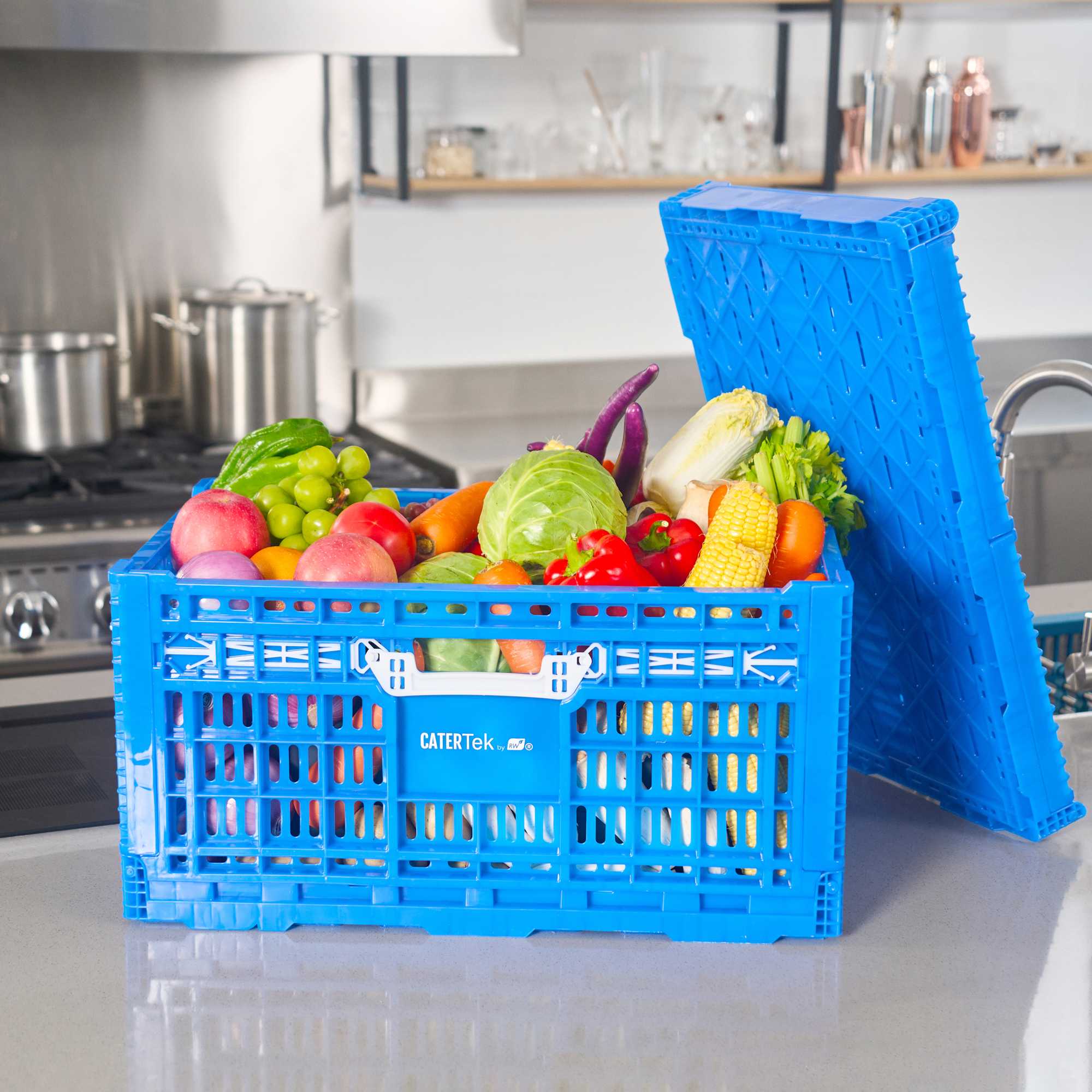 Cater Tek Rectangle Blue Plastic Collapsible Crate - Vented, Stackable - 23 3/4" x 15 3/4" x 11 3/4" - 10 count box
