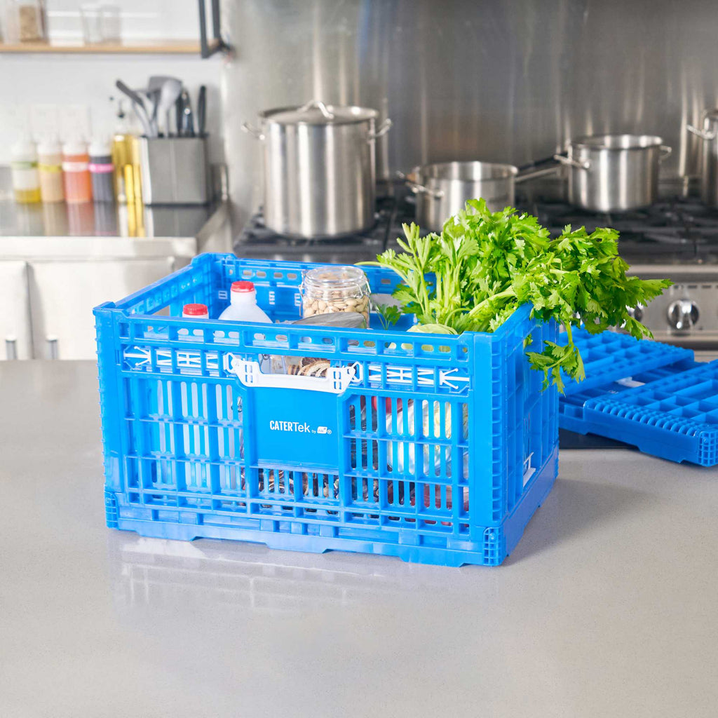 Cater Tek Rectangle Blue Plastic Collapsible Crate - Vented, Stackable - 23 3/4" x 15 3/4" x 13 1/2" - 1 count box