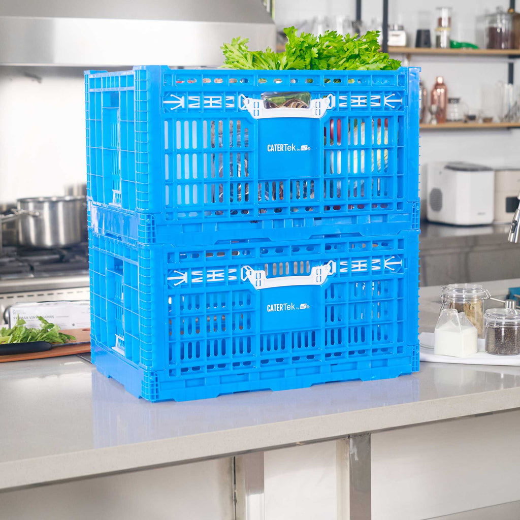 Cater Tek Rectangle Blue Plastic Collapsible Crate - Vented, Stackable - 23 3/4" x 15 3/4" x 13 1/2" - 1 count box