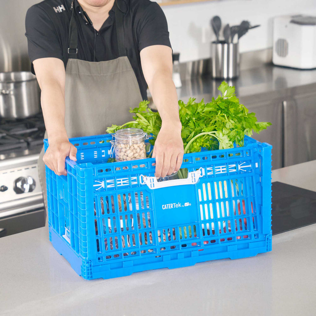 Cater Tek Rectangle Blue Plastic Collapsible Crate - Vented, Stackable - 23 3/4" x 15 3/4" x 13 1/2" - 1 count box