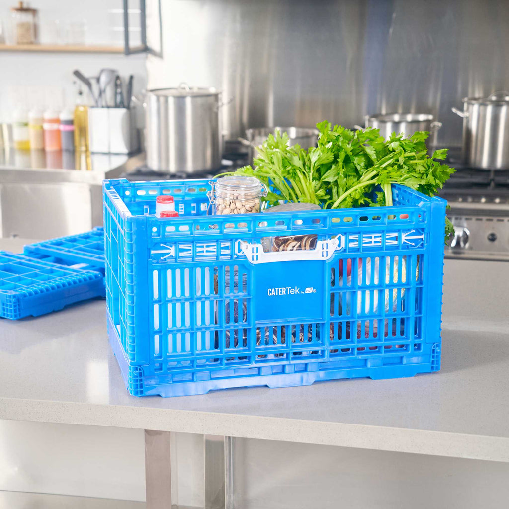 Cater Tek Rectangle Blue Plastic Collapsible Crate - Vented, Stackable - 23 3/4" x 15 3/4" x 13 1/2" - 1 count box
