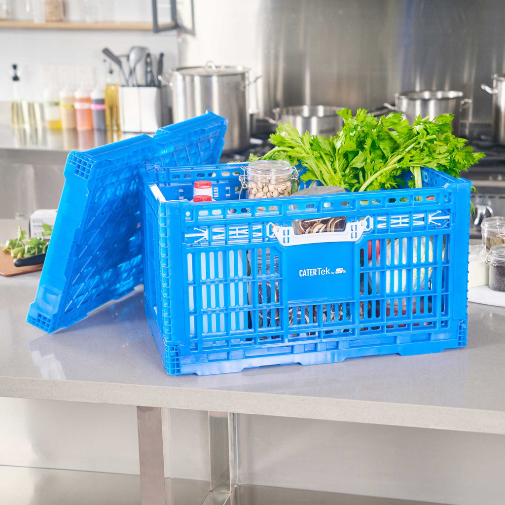 Cater Tek Rectangle Blue Plastic Collapsible Crate - Vented, Stackable - 23 3/4" x 15 3/4" x 13 1/2" - 1 count box