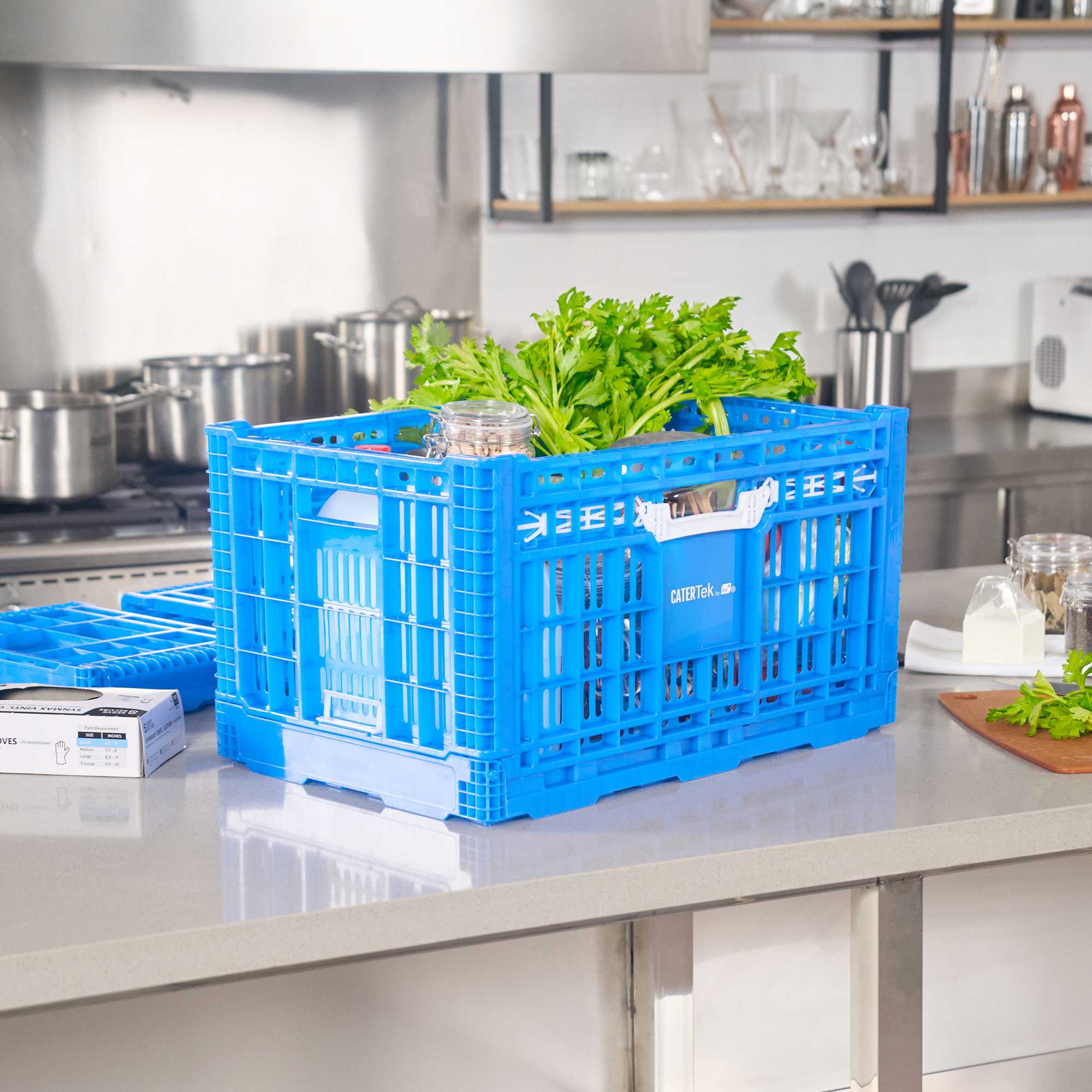 Cater Tek Rectangle Blue Plastic Collapsible Crate - Vented, Stackable - 23 3/4" x 15 3/4" x 13 1/2" - 10 count box