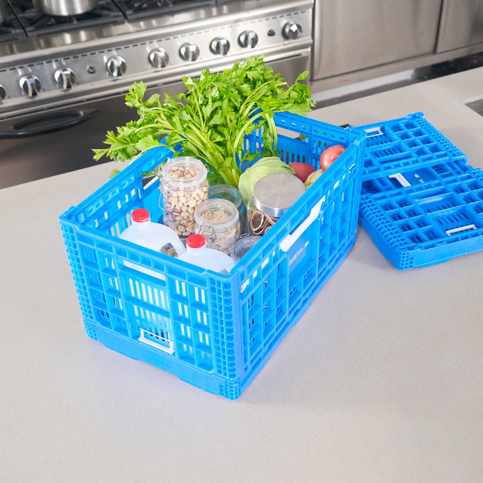 Cater Tek Rectangle Blue Plastic Collapsible Crate - Vented, Stackable - 23 3/4" x 15 3/4" x 13 1/2" - 10 count box